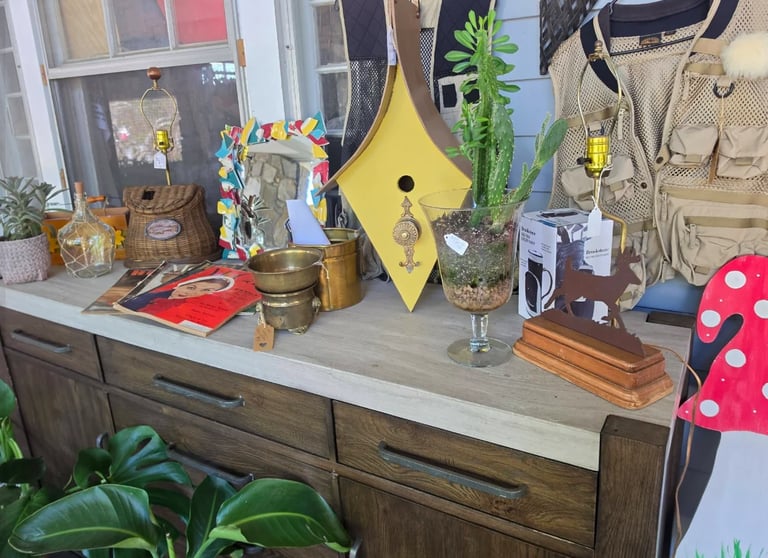 Desk with a wooden drawer unit displaying a yellow birdhouse, potted succulents, framed photos, and vintage accessories