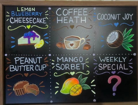 Chalkboard menu with colorful drawings of six desserts and drinks: lemon blueberry cheesecake, coffee heath, coconut joy, peanut butter cup, mango sorbet, and weekly special