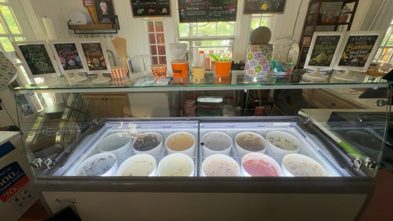 Ice cream display case and featured flavors at Putter's Ice Cream Shoppe