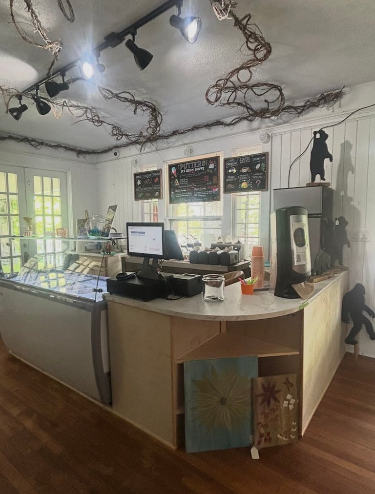 Coffee shop counter with register, decorative branches on ceiling, chalkboard menu, and windows with natural lighting