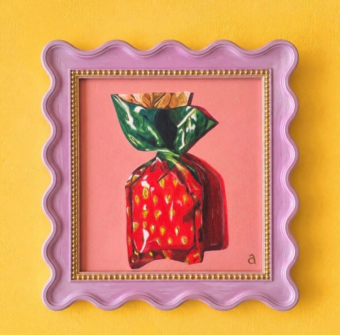 Illustration of a red strawberry wrapped in a gold twist tie on a pink background in a wavy purple frame on yellow wall