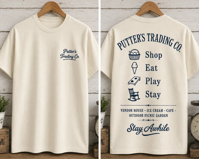 Front and back view of cream-colored Putters Trading Co t-shirt with embroidered logo and text design