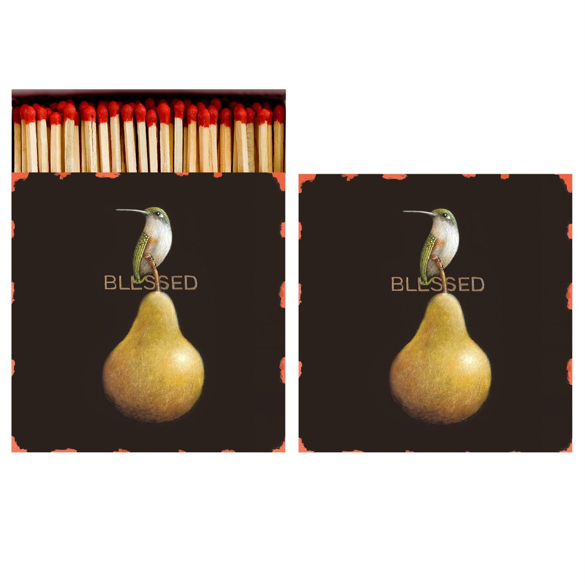 Two decorative matchboxes with hummingbird on golden pear and Blessed text design