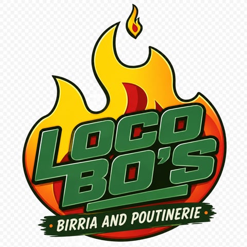Loco Bo's Birria and Poutinerie logo featuring green text surrounded by yellow and orange flames