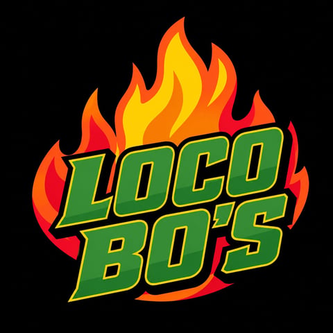 Loco Boys logo with green and yellow text outlined in black, surrounded by orange and red flames on a black background
