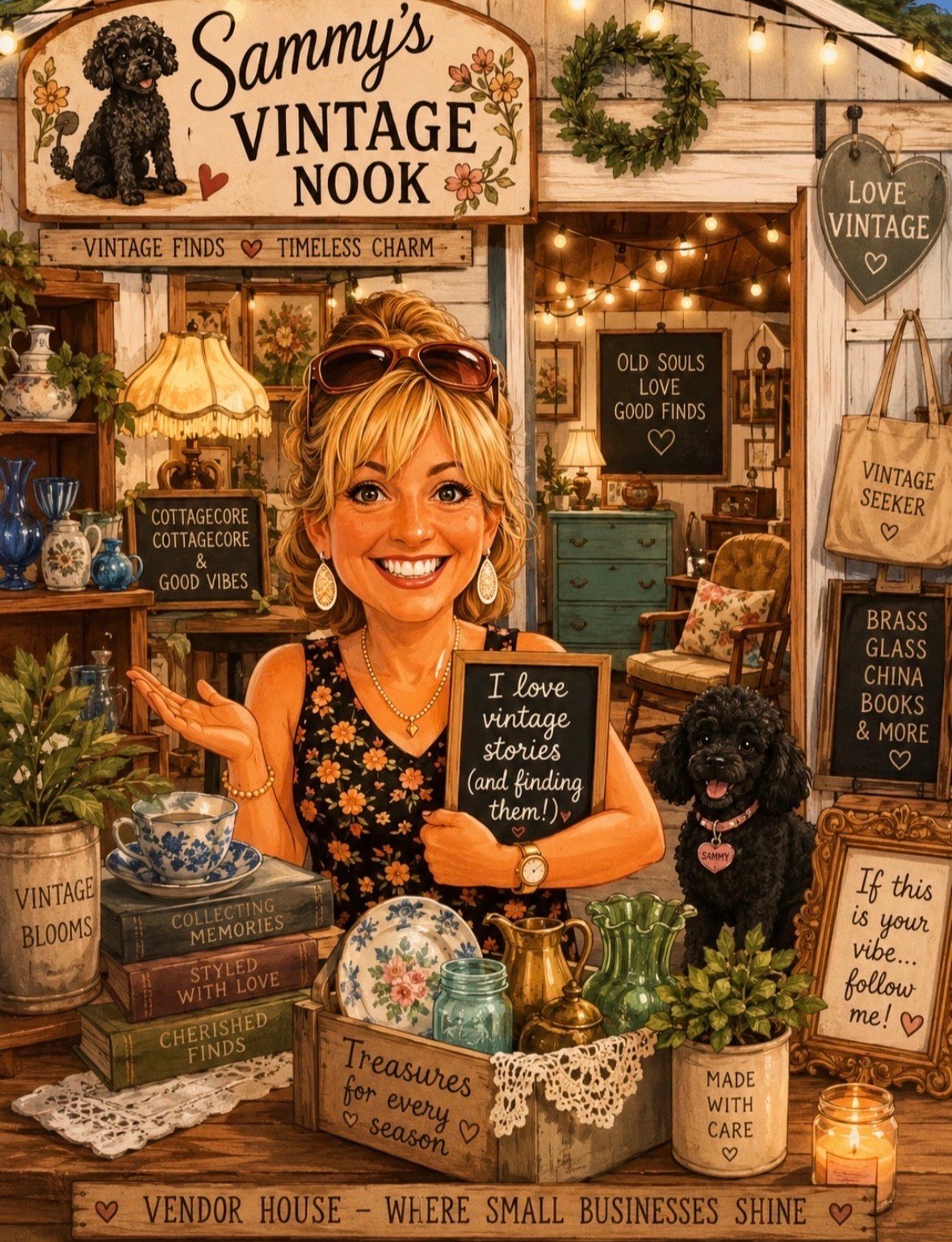 Woman at Sammys Vintage Nook storefront with sign, vintage decor, and black dog; cozy antique shop display