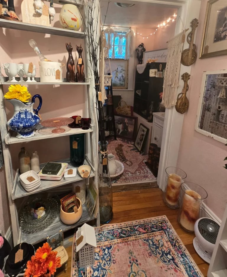 A cozy eclectic room corner with white shelving displaying decorative items, flowers, and pottery alongside colorful rugs and wall art