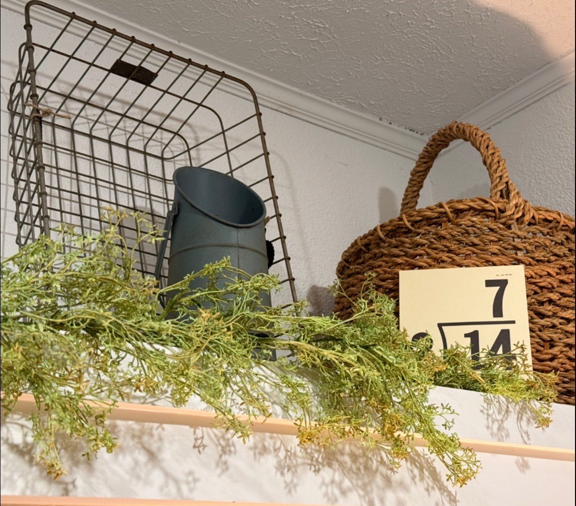 A wooden shelf displaying a trailing asparagus fern plant, black metal wire basket, and woven basket with a numbered card showing 7/14