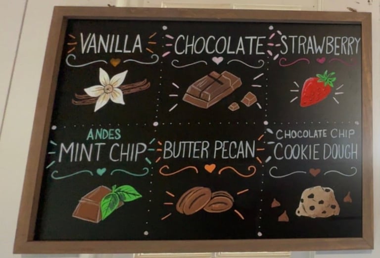 Chalkboard menu displaying 6 ice cream flavors with hand-drawn illustrations: Vanilla, Chocolate, Strawberry, Mint Chip, Butter Pecan, and Chocolate Chip Cookie Dough