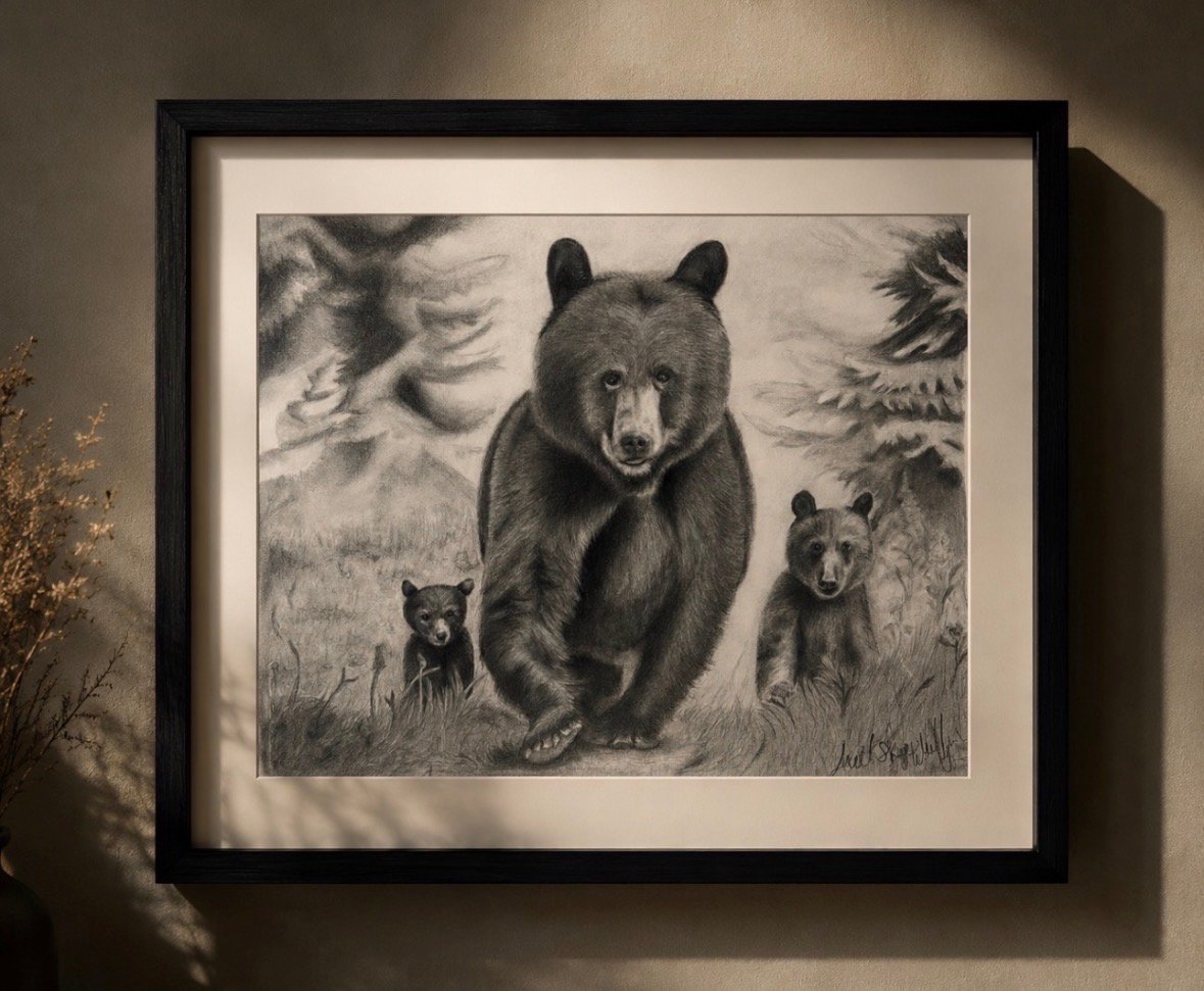 Black and white pencil drawing of a mother bear with two cubs in a forest setting, framed in black
