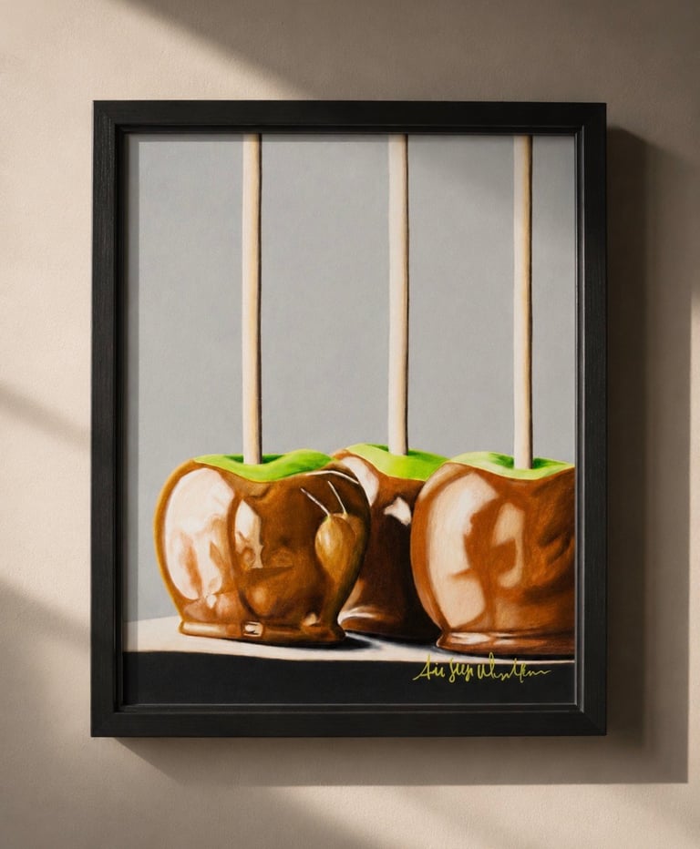 Framed artwork of three caramel apples with green leaf stems displayed in a black frame on a beige wall