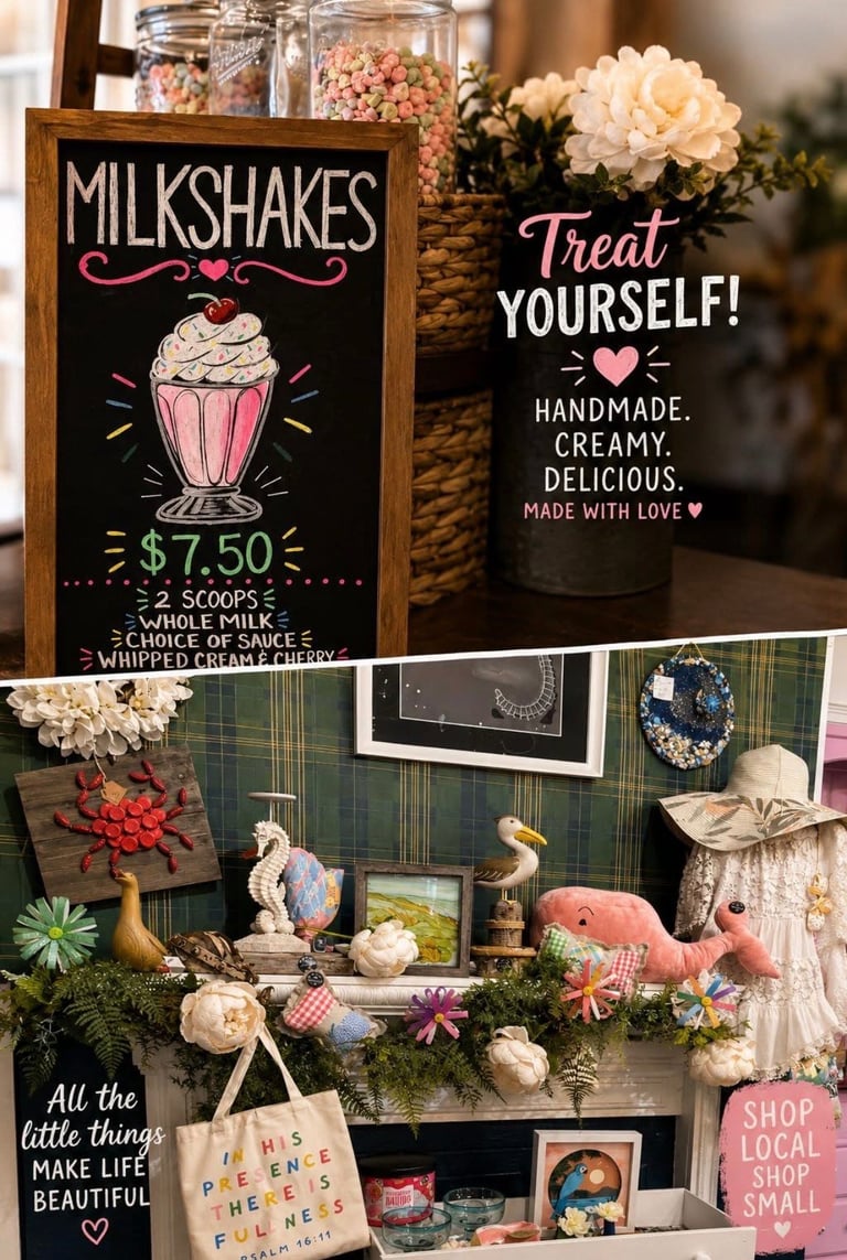 Milkshake menu sign displaying prices and flavors, with Treat Yourself message and a decorative display featuring flowers, crafts, and local shop signage below