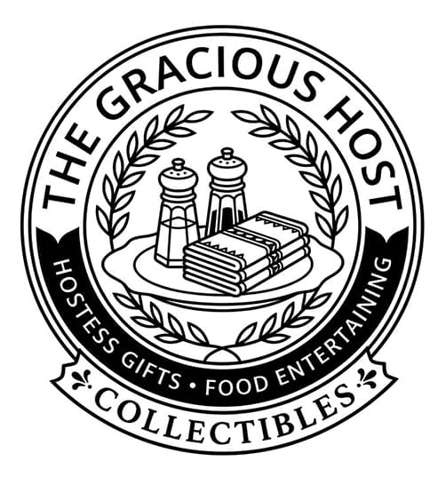 Circular black and white logo for The Gracious Host Collectibles featuring salt and pepper shakers, books, and laurel wreaths with text about hostess gifts and food entertaining