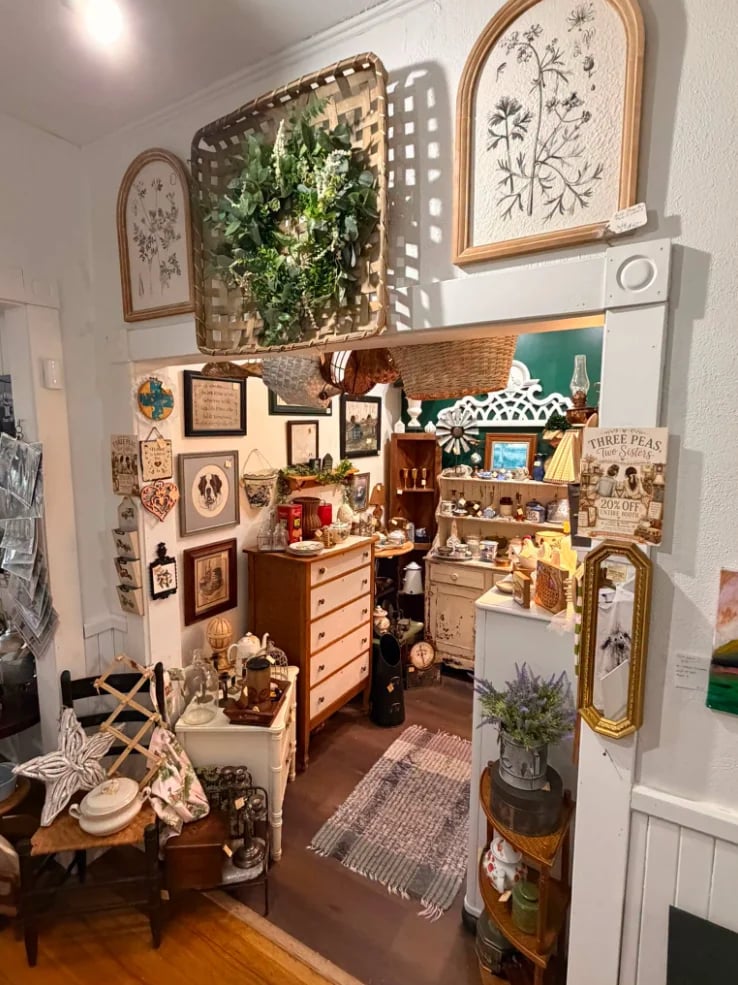 Miniature dollhouse room display with wooden furniture, framed botanical art, decorative plants, and detailed accessories arranged against white walls