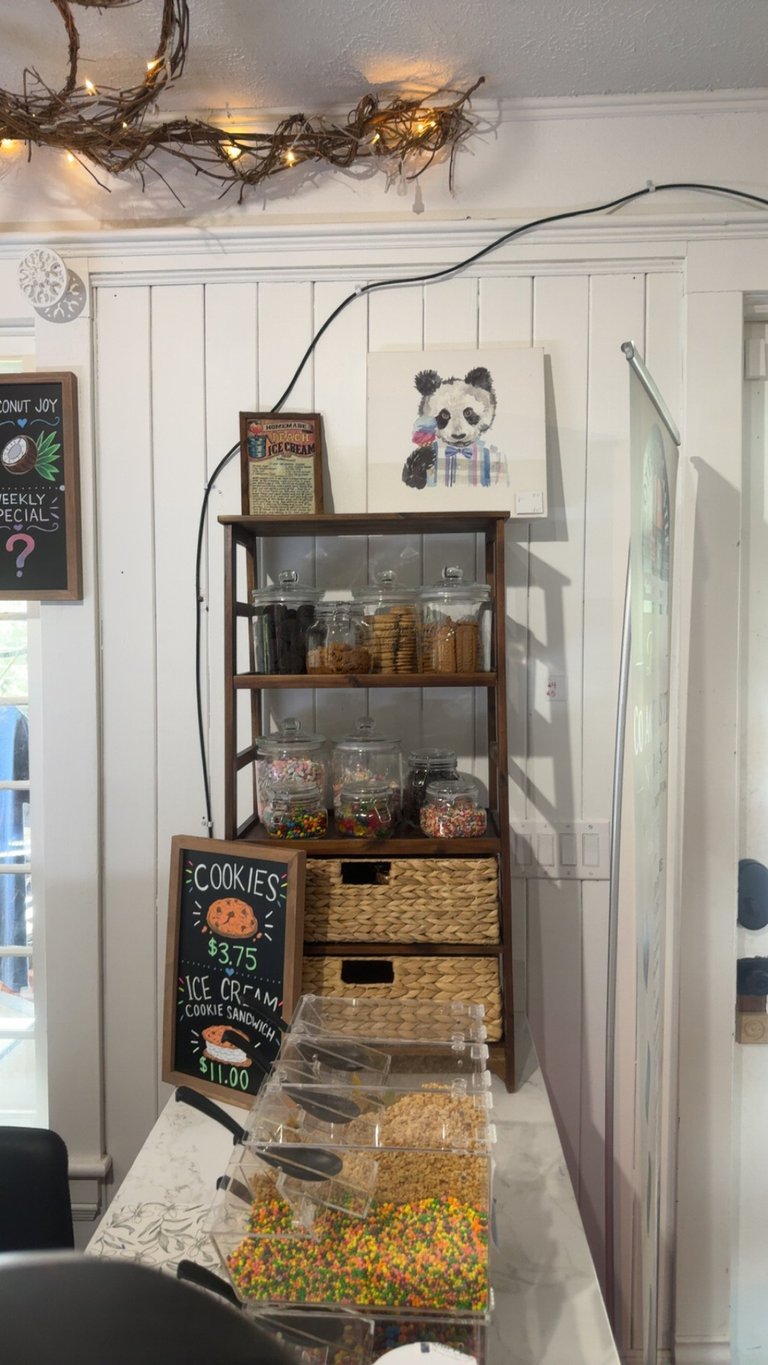 Bakery display shelf with cookies, ice cream, and cereal in clear containers, decorated with panda artwork and a chalkboard menu sign