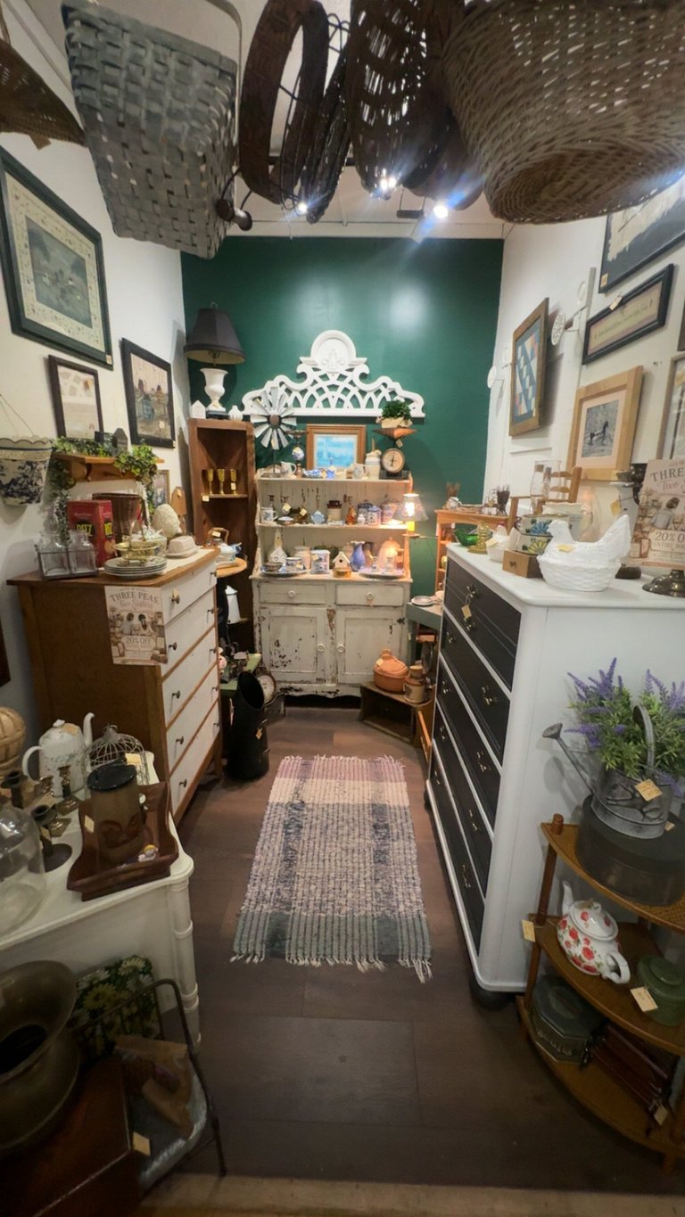 Vintage-decorated narrow room with green accent wall, antique furniture, framed artwork, and woven ceiling decorations