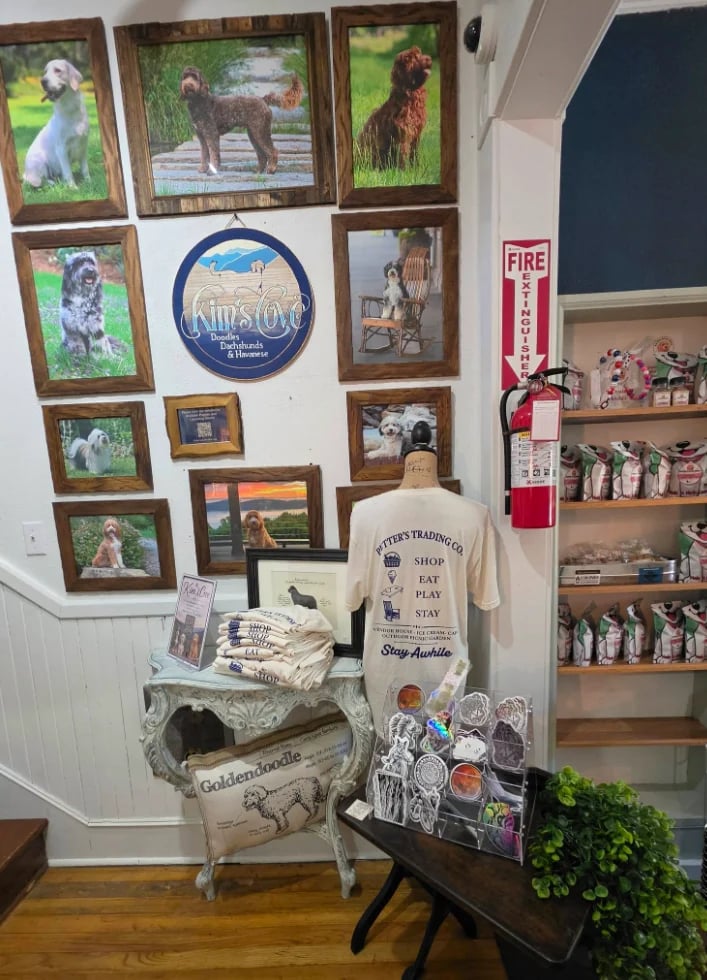 Shop display with framed dog portraits on the wall above a table of dog-themed merchandise and a cream-colored shirt