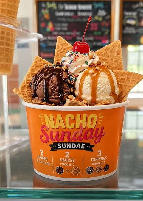 Nacho Sunday sundae with two ice cream scoops, chocolate and caramel drizzle, whipped cream, a cherry on top, served in a waffle cone basket