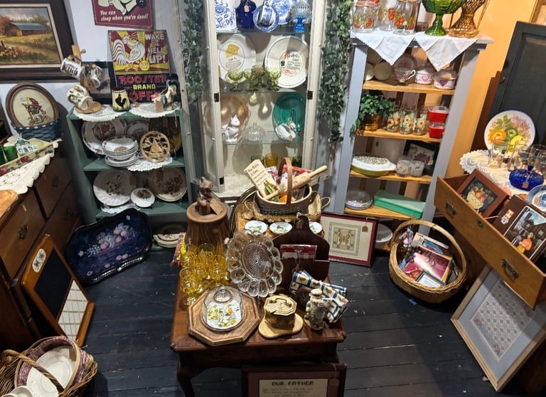 Overhead view of a cluttered antique shop displaying vintage dishware, collectibles, plants, and decorative items on shelves and tables.
